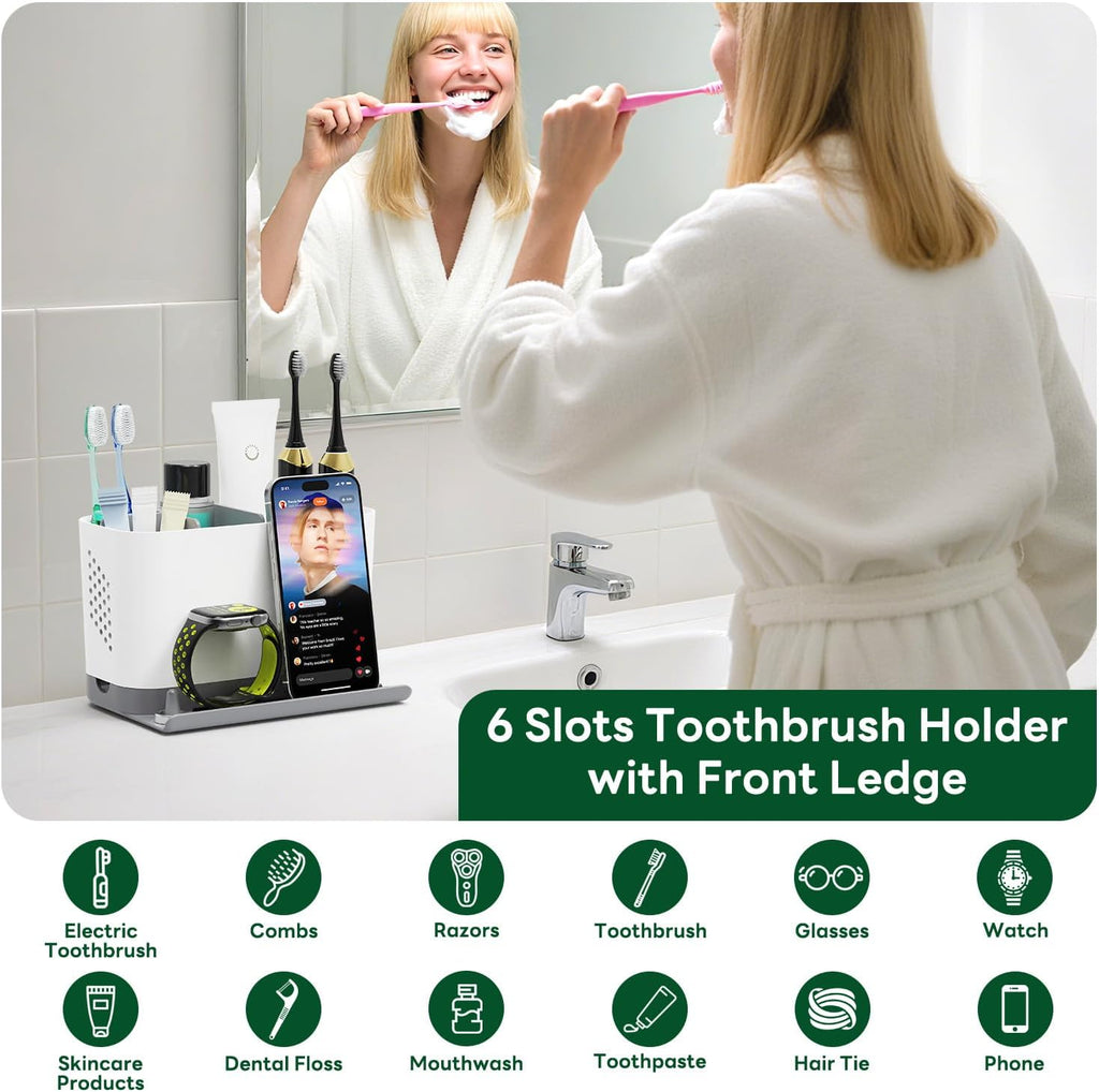 Skiennix Adjustable 6-Slot Toothbrush Holder - Cord-Friendly Bathroom Organizer with Phone Ledge