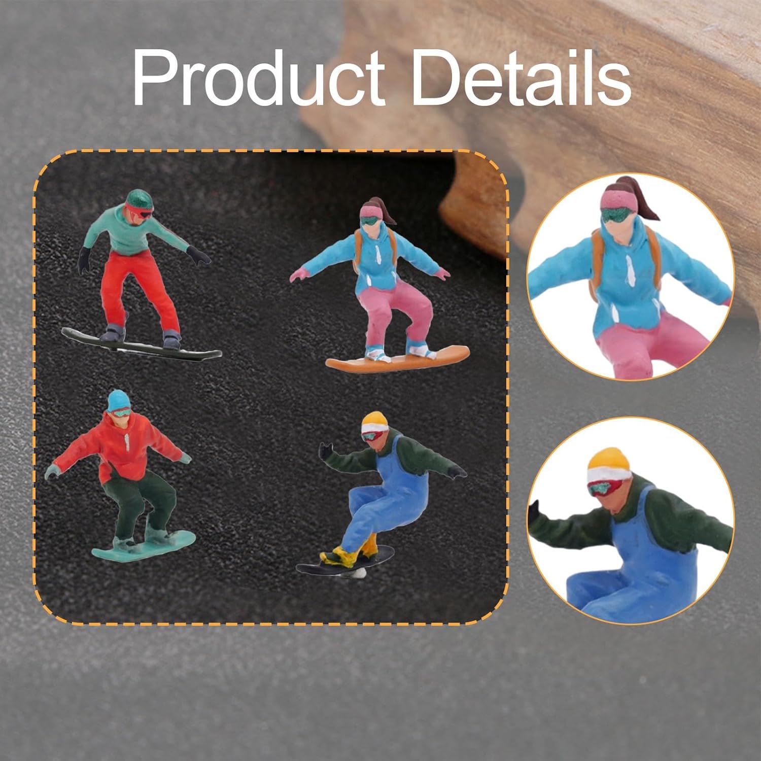 Menolana Miniature Skier Figurines - 4Pcs 1/64 Scale Snowboarding Models for Dollhouse & Railway Decor