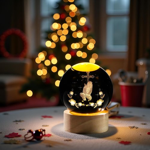 3D Crystal Crossing Hands Prayer Ball - LED Base Christian Night Light | 2.36-Inch Glass Cross Decor