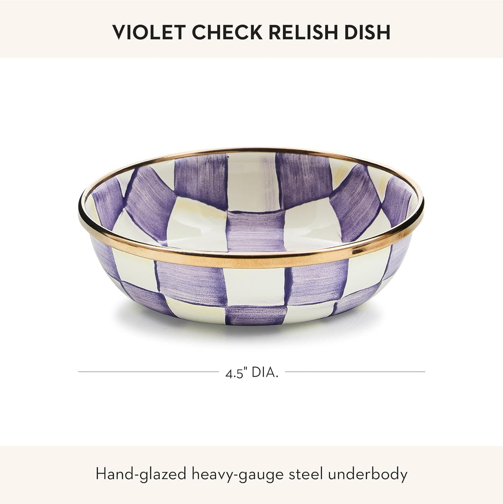 MACKENZIE-CHILDS Enamel Relish Dish - Small Serving Bowl for Entertaining | Purple & White Violet Check