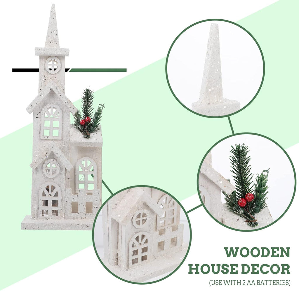 NUOBESTY Christmas LED Church Light House - Wooden Village Snow Scene Ornament for Holiday Home Decor