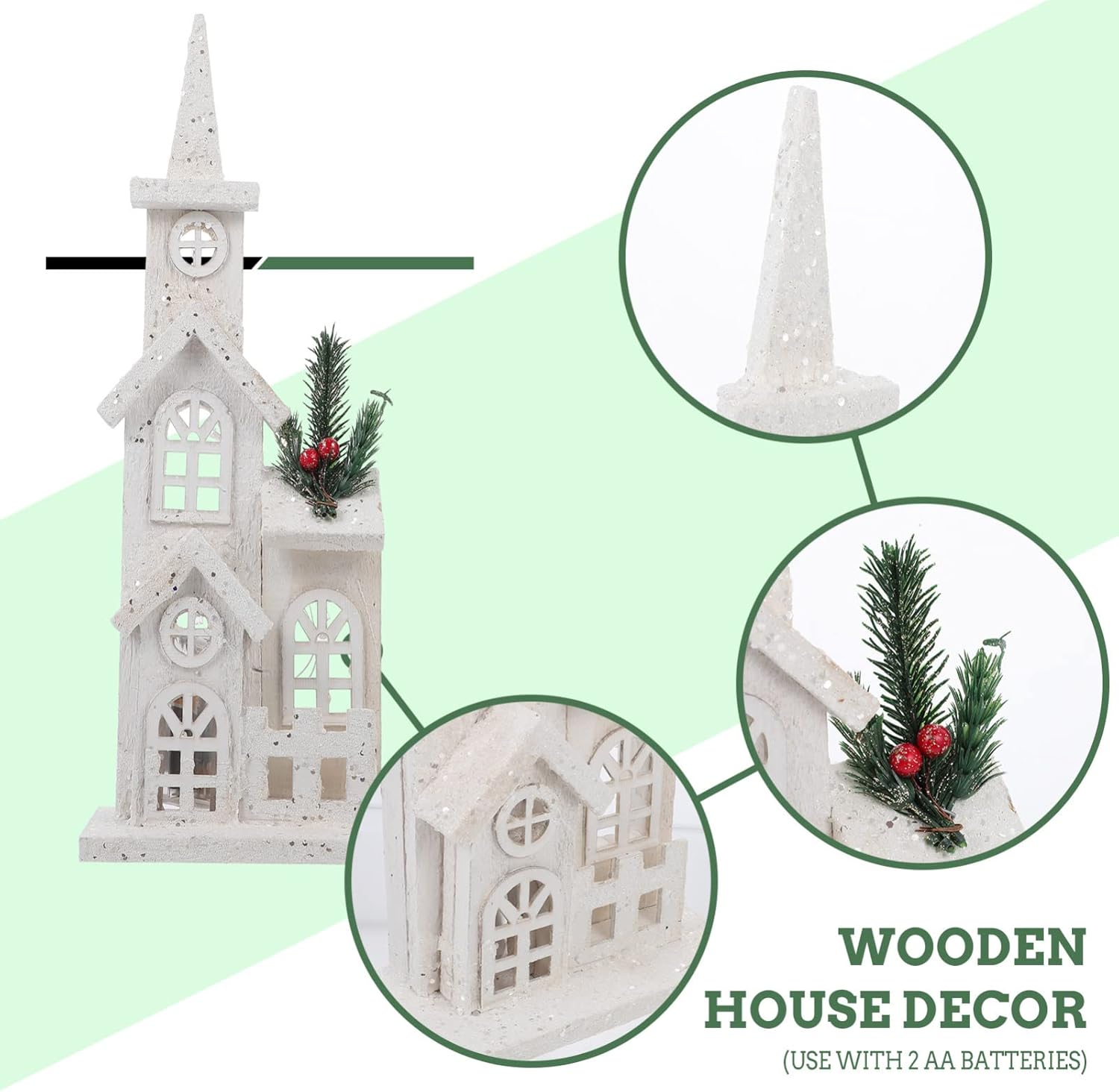NUOBESTY Christmas LED Church Light House - Wooden Village Snow Scene Ornament for Holiday Home Decor