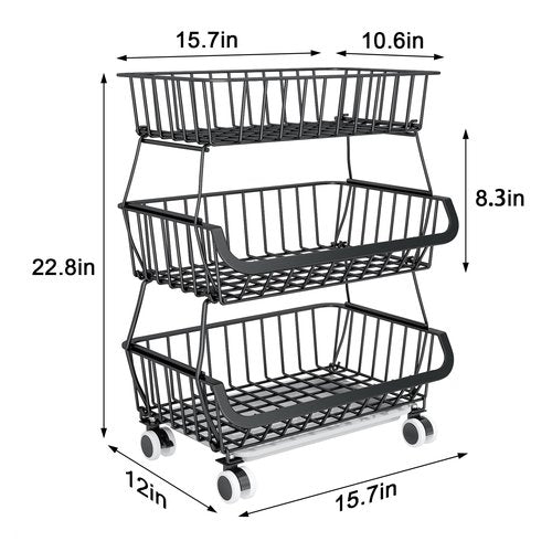3-Tier Rolling Pantry Floor Organizer, Stackable Pantry Storage Cart with Wheels, Metal Wire Pantry Baskets, Kitchen Fruit Basket Stand, Vegetable Storage Rack for Fruits Snacks Onions Potatoes,1 Pack