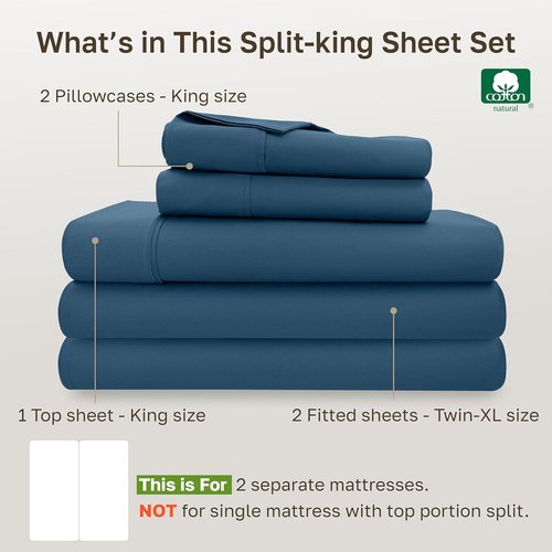 California Design Den Split King Bed Sheet Set - 100% Cotton, 400 TC, Silky Sateen, Deep Pockets - Peacock Blue