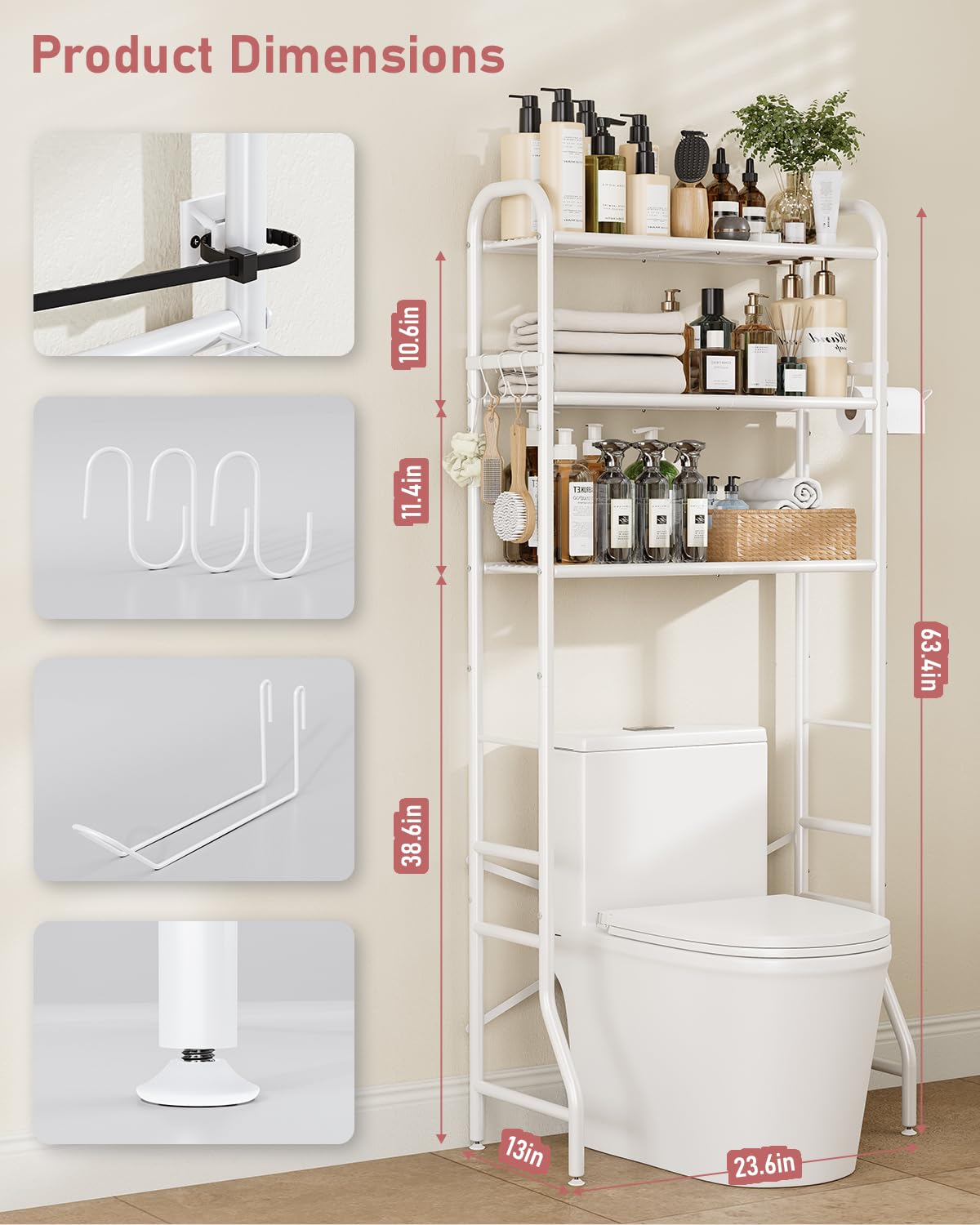 Tujurich Over The Toilet Storage Rack, 3-Tier Metal Bathroom Organizer with Hooks, Over The Toilet Storage Cabinet, Space Saver Shelf for Bathroom, White, 23.6" x 13.0" x 63.4"