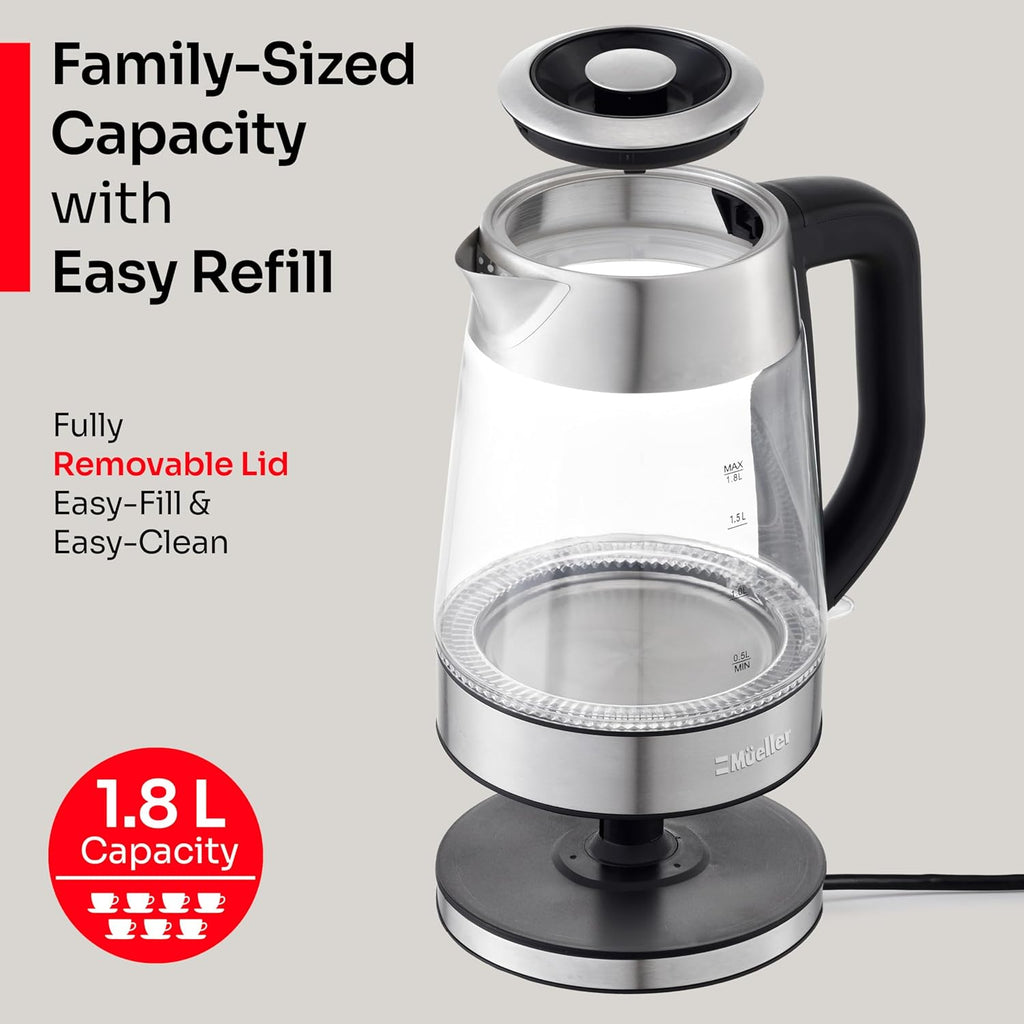 Mueller Rapid Boil Electric Tea Kettle - 1.8L Borosilicate Glass & Stainless Steel - BPA-Free, Auto Shut-Off & LED Light