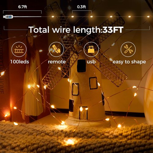 Ariceleo USB Powered Fairy Lights - 100 LED Twinkle String Lights with Remote & Timer | Silver Wire, 65.6 ft, Waterproof, Warm White