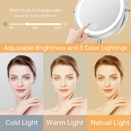 Makeup Mirror with Lights, Height-Adjustable Lighted Makeup Mirror with 1X/20X Magnification, 360° Swivel Rechargeable Double Sided Vanity Mirror with 3 Color Dimmable Lights, Gifts for Women