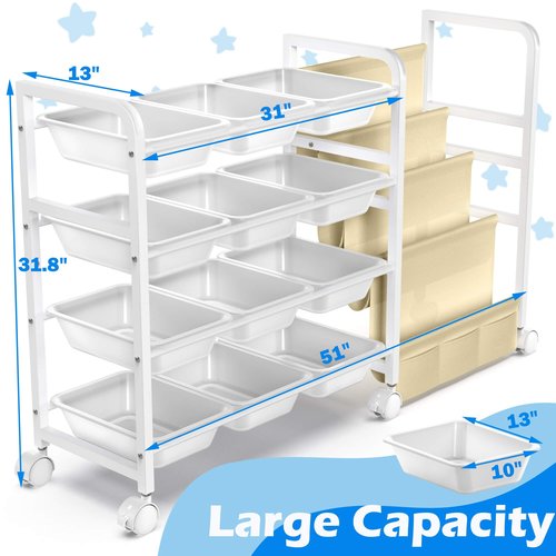 WGOHOSE 2025 Toy Storage Organizer with Bookshelf - 12 Storage Bins & Fabric Book Sling – Kids Toy Organizer and Bookshelf on Wheels for Kids Room, Playroom, Nursery, or Classroom