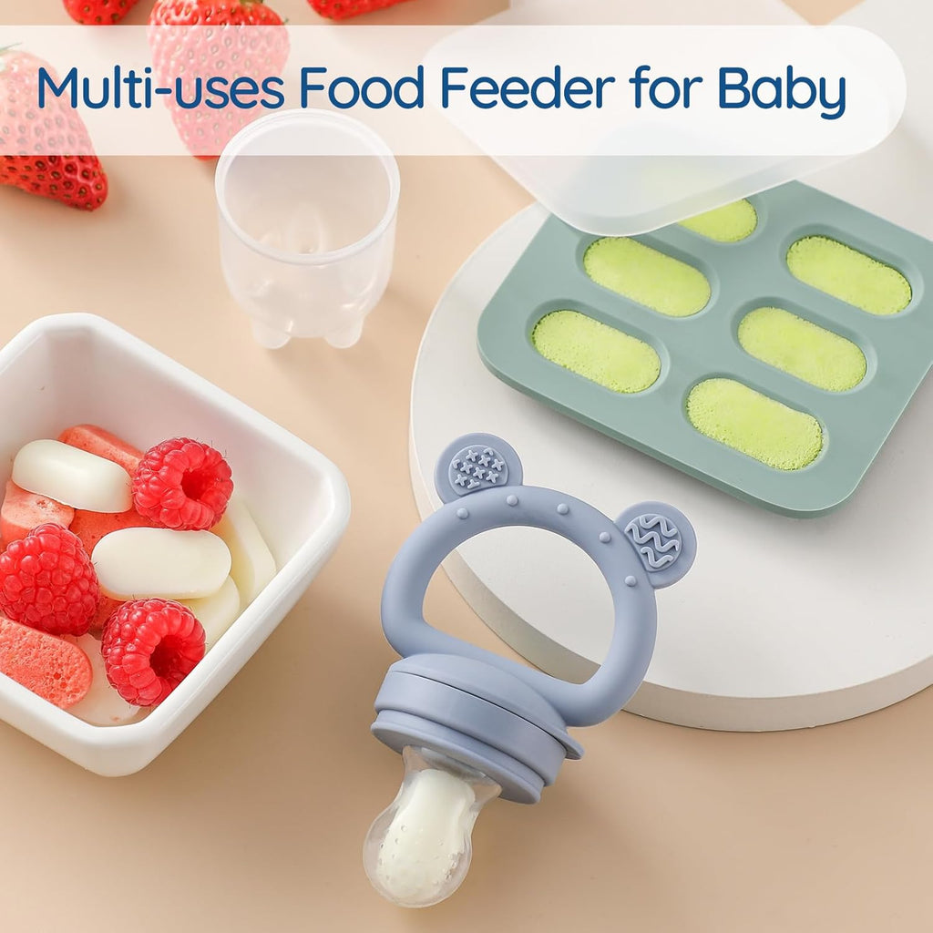 Skiennix Silicone Baby Fruit Feeder - 2 Pack with Mini Freezer Tray & Breastmilk Popsicle Molds for Teething Relief
