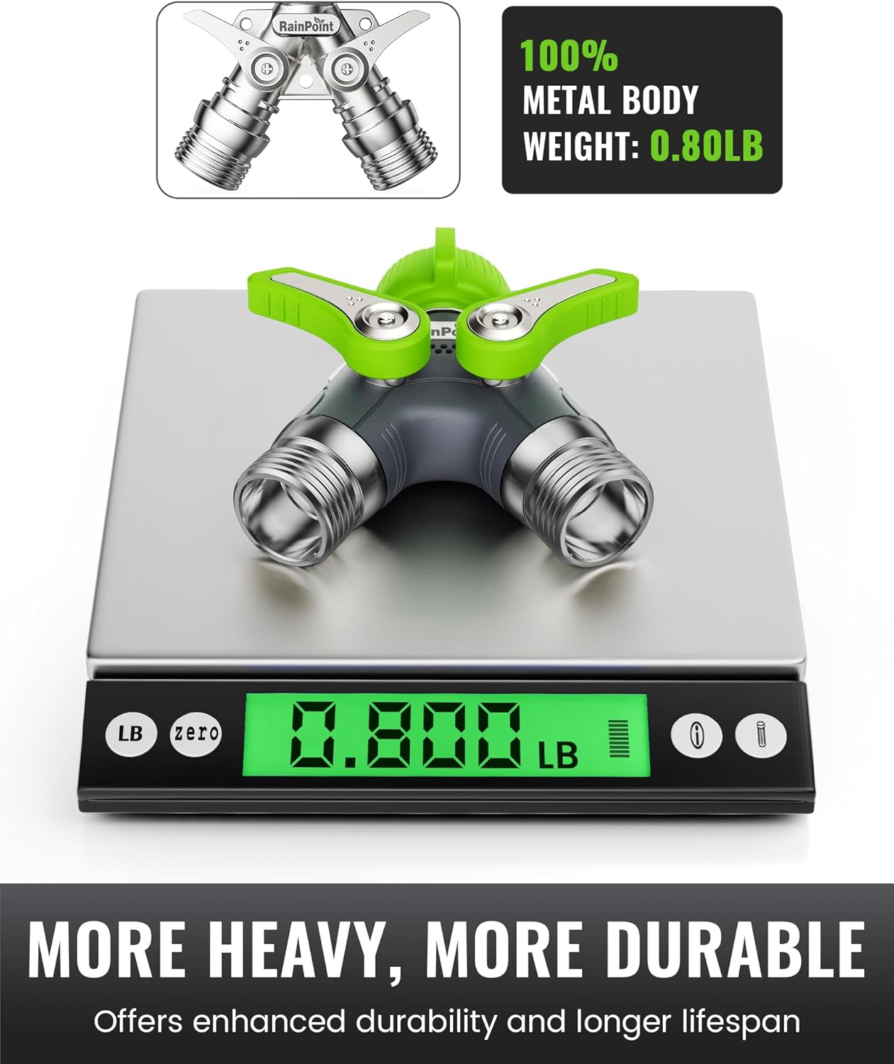 RAINPOINT 2-Way Garden Hose Splitter - Heavy Duty Metal Body with Shutoff Valves | 1.9" Long Handle, Green