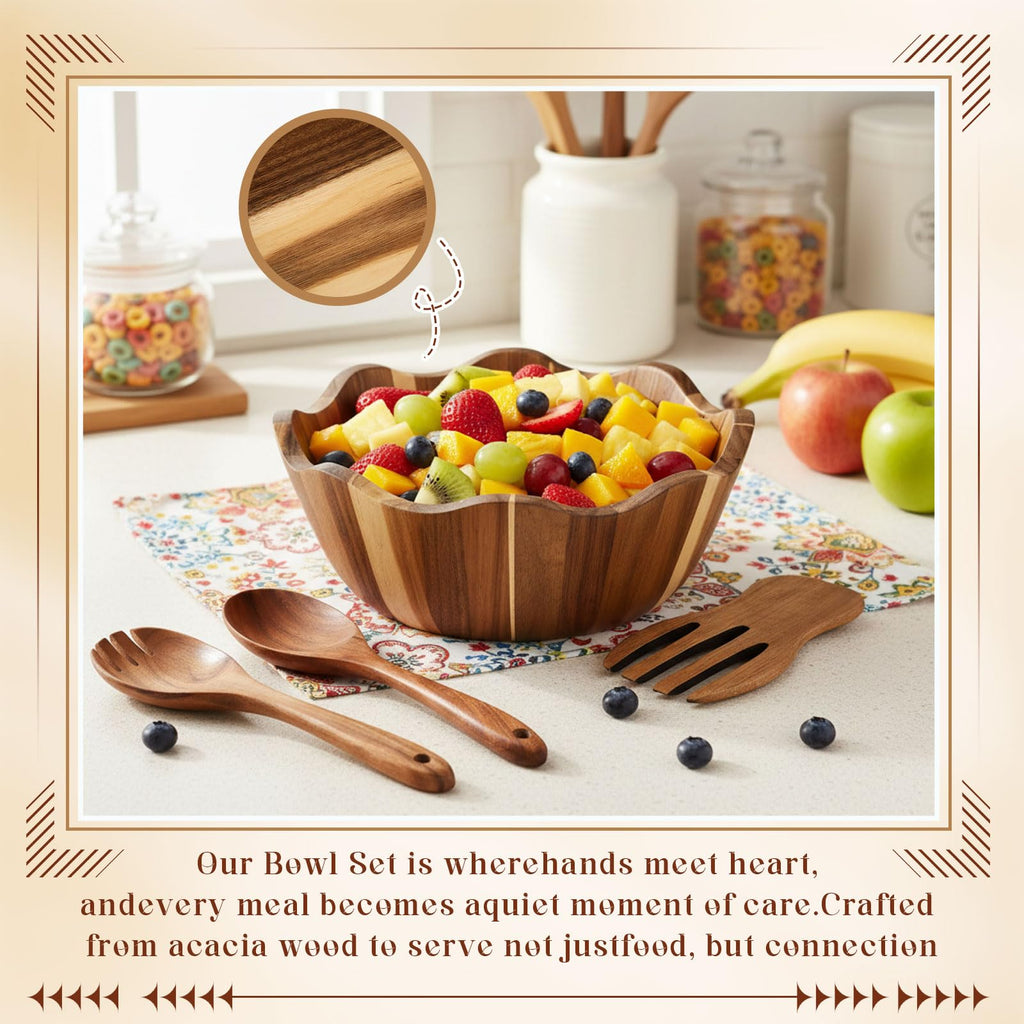 LemonRoad Wooden Salad Bowls Set 12 inch Wavy Large Acacia Wood Serving Bowl with 2 Wooden Hands 2 Utensils Fork Spoon for Fruit, Salad, Cereal, Corn flake, Pasta, Food(Irregular Shaped)