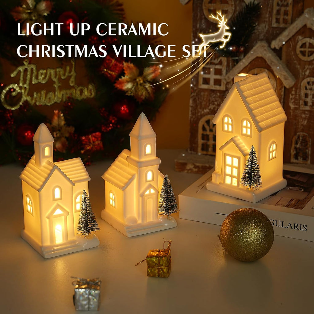 Skiennix Light Up Christmas Houses - White Ceramic Decor with 3 Xmas Trees & Timer | Holiday Village Set