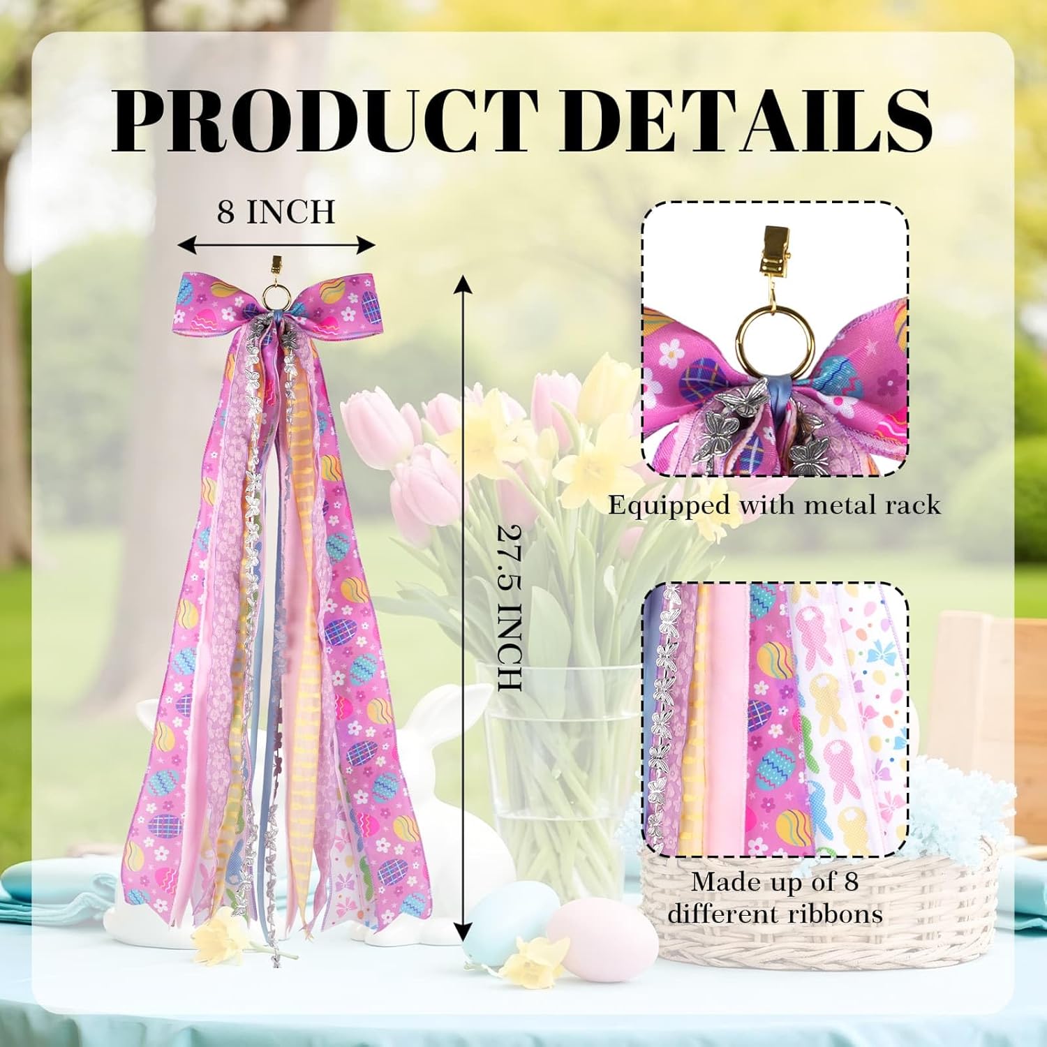 YKW Easter Bow Door Decoration - 27.5" Purple Lavender Floral Wreath with 8 Ribbons | Ready to Hang