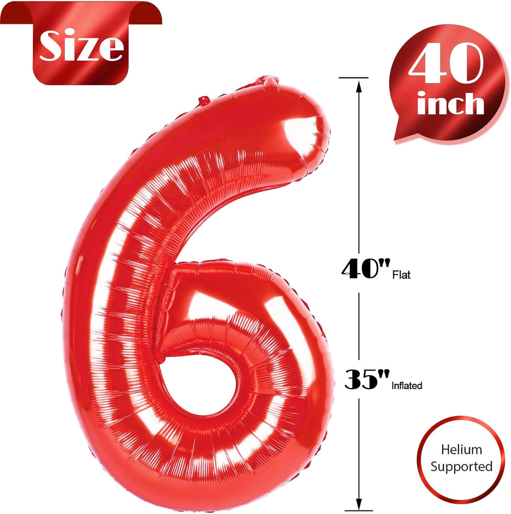 Red Number 6 Balloon - 40 Inch Giant Foil Balloon for 6th Birthday Party Decorations