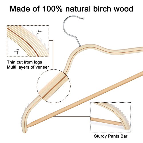 TOPIA HANGER Sleek Wooden Hangers with Non-Slip Rubber Grips, Sweater Hangers No Shoulder Bump, Lightweight Clothes Hangers 30-Pack, 360° Swivel Hook and Pants Bar-CT63N30