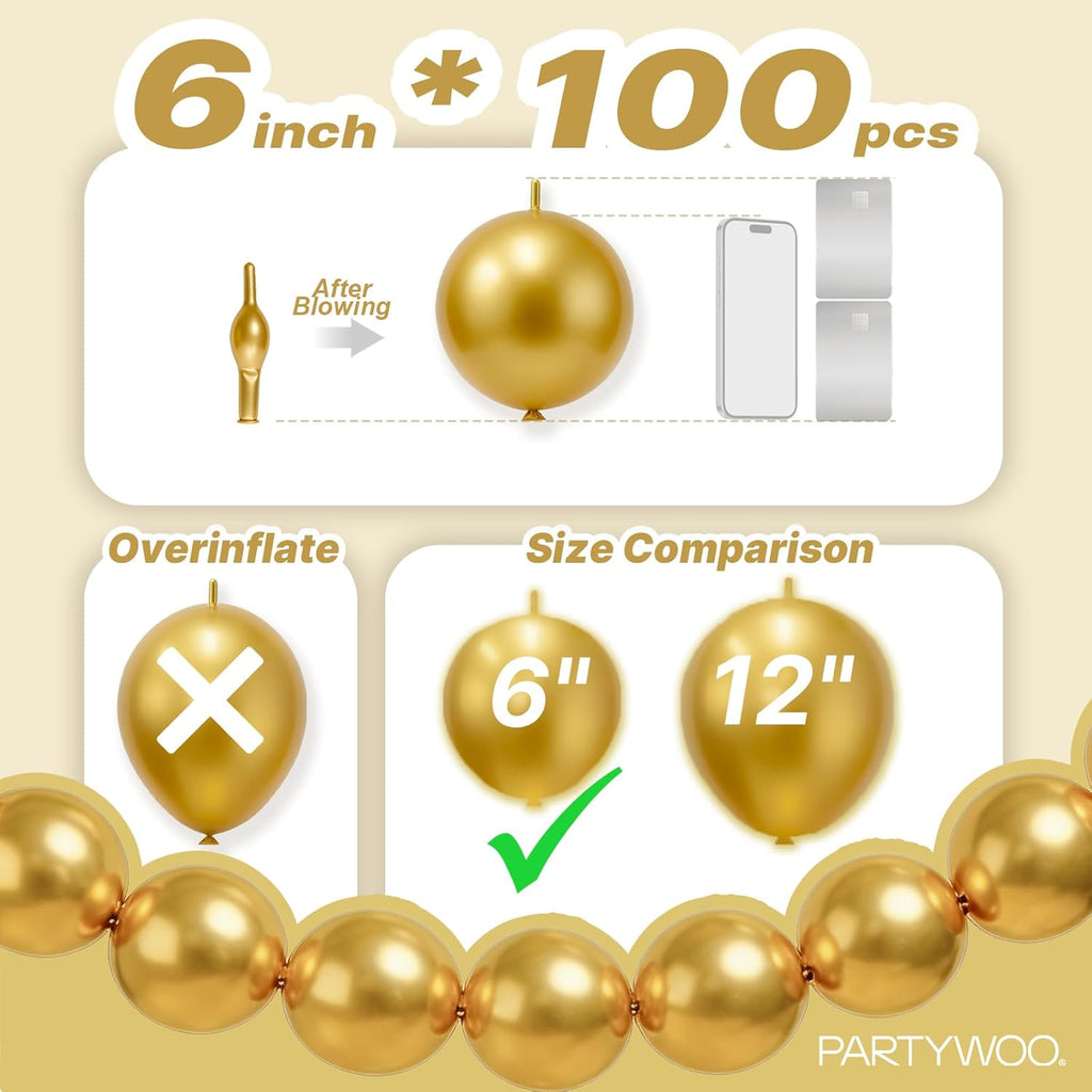 PartyWoo Metallic Gold Linking Balloons - 100pcs 6 Inch Decorative Balloons for Events & Celebrations