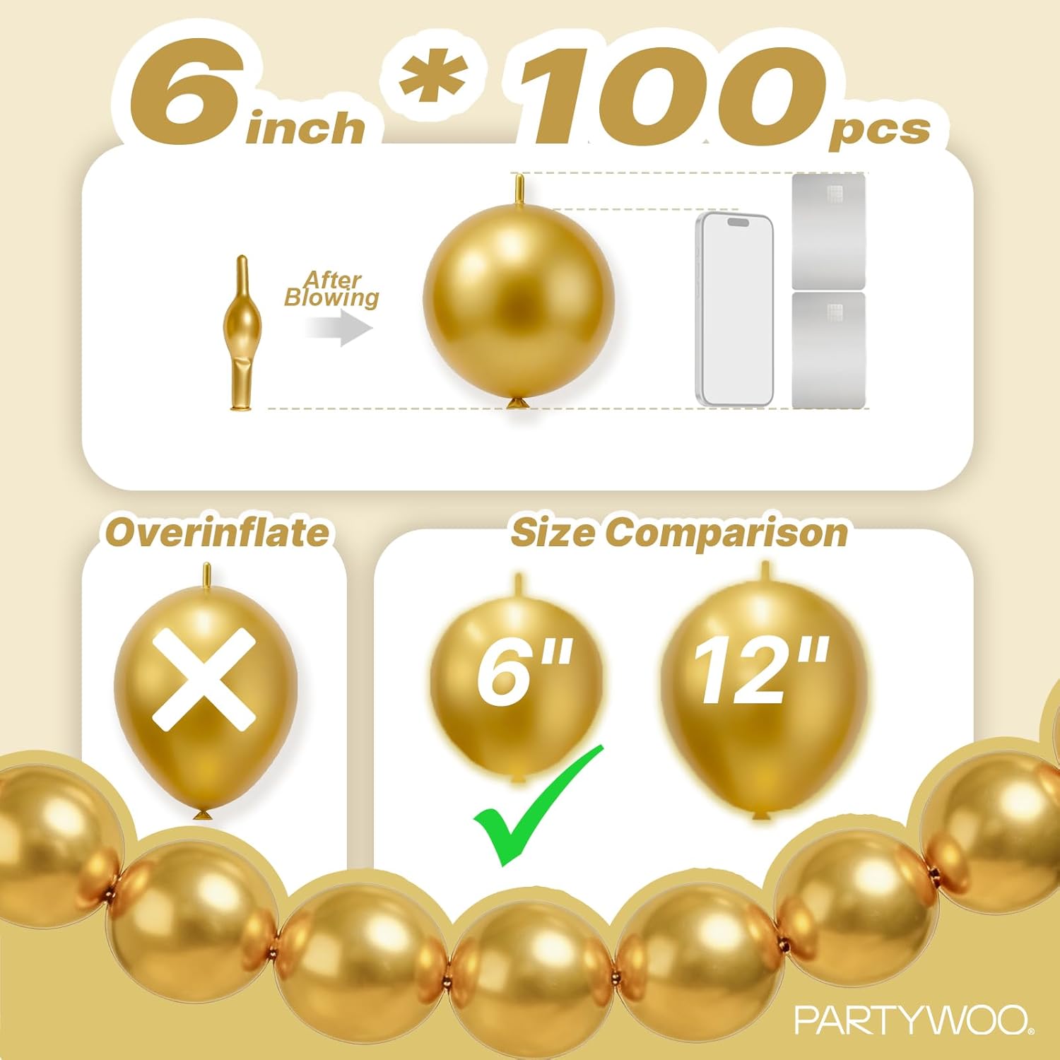 PartyWoo Metallic Gold Linking Balloons - 100pcs 6 Inch Decorative Balloons for Events & Celebrations