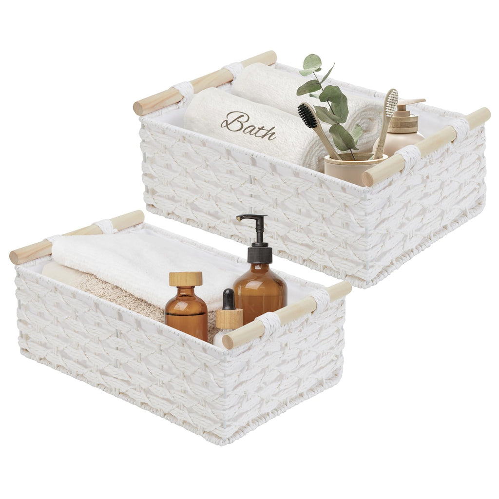 DECOMOMO White Wicker Baskets, Back of Toilet Basket, Bathroom Basket Organizer, Countertop, Home Decor (White, Set of 2)