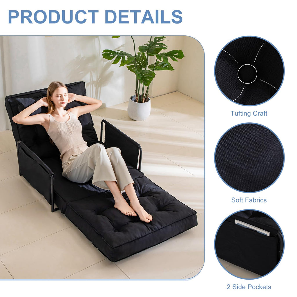 YOSHOOT Adjustable Lazy Floor Sofa, Folding Couch Bed with 5 Positions Adjustable Backrest, Convertible Bean Bag Sofa Bed Couch Foldable Sleeper Chair with Pillow for Reading Gaming（Black, Single）