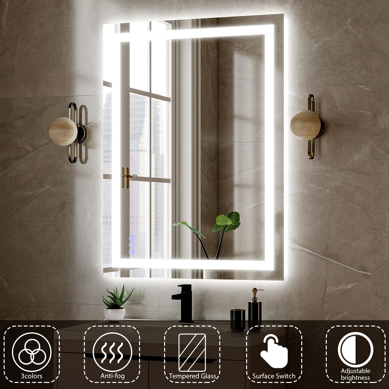 VooBang LED Bathroom Mirror 26 x 38 inches - 3 Adjustable Lighting Modes Lighted Smart Bathroom Vanity Mirror, Anti-Fog, Memory Function, Tempered Glass, Wall Mounted Horizontally Vertically
