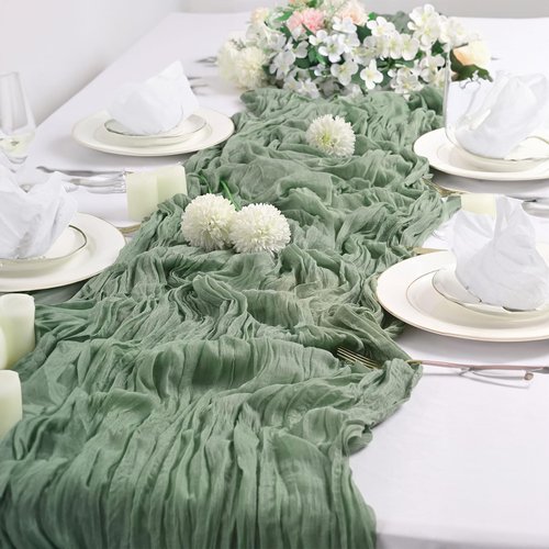 10PCS Sage Green Cheesecloth Table Runner 120*35ft Boho Gauze Fabric Cheese Cloth Table Runner Comes with 10 Cloth Napkins Runner for Romantic Wedding Birthday Shower Party Table Decoration