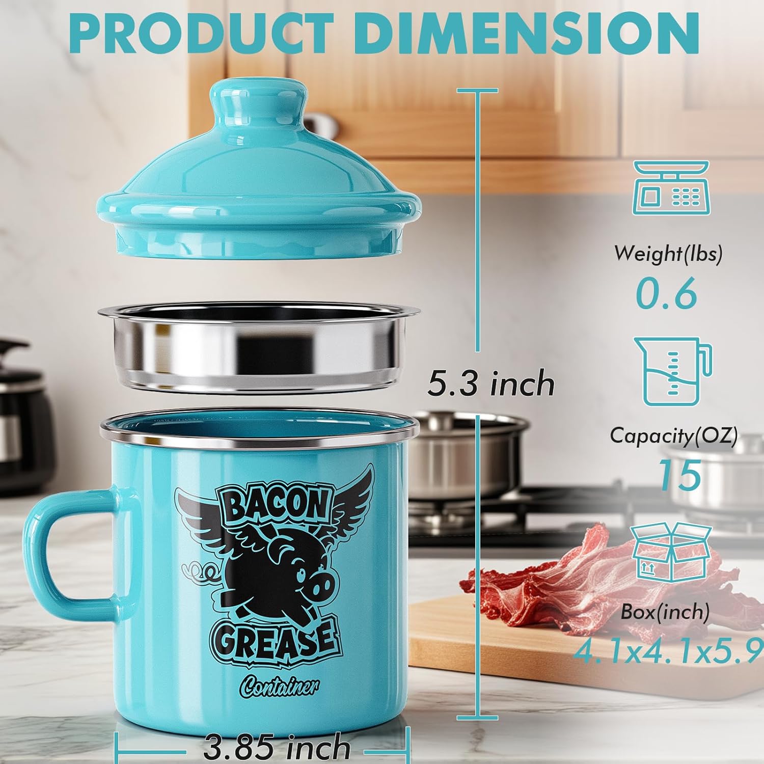 PGYARD Mini Bacon Grease Container - 15oz Enamel Strainer for Farmhouse Kitchen (Light Blue)
