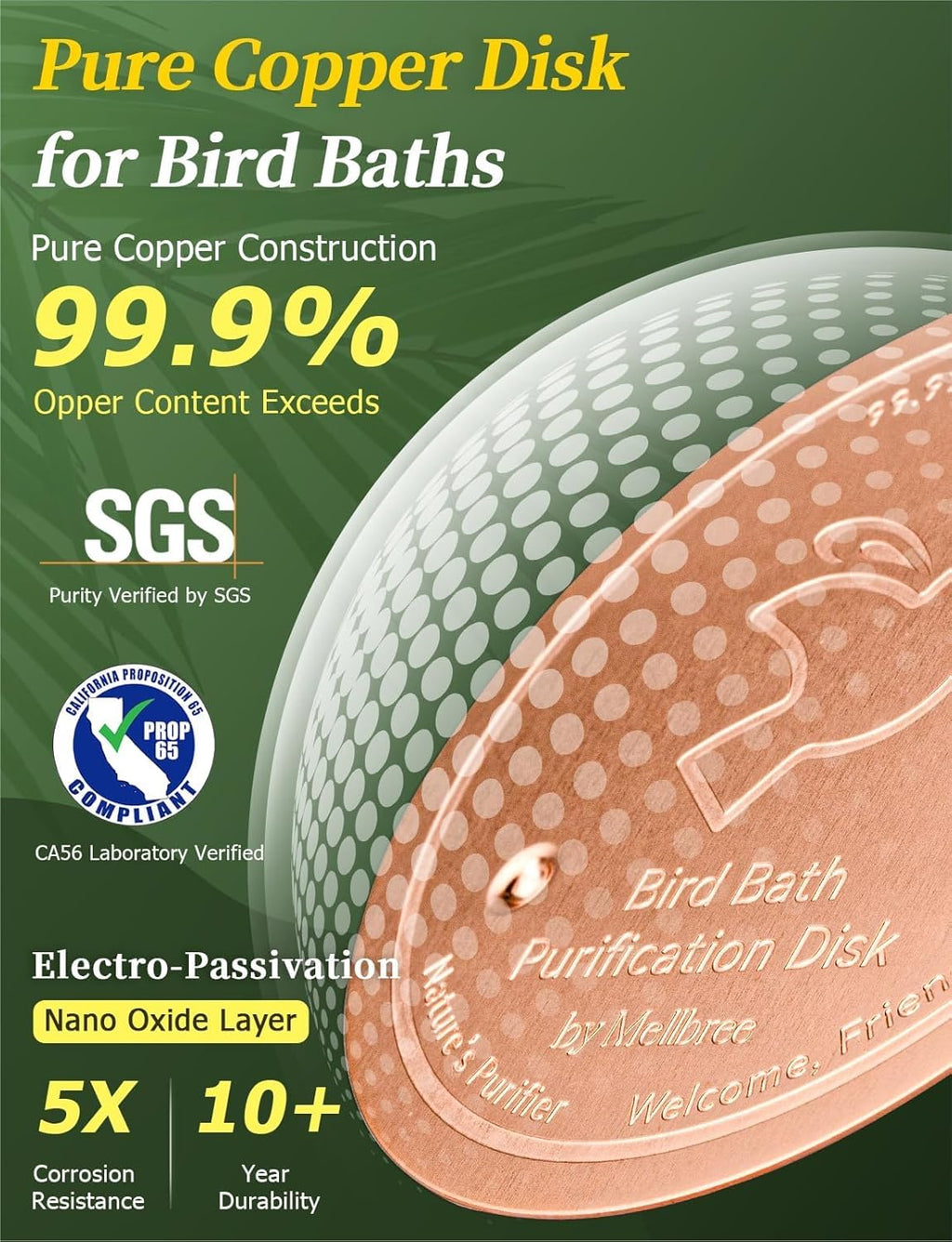 Mellbree Bird Bath Copper Disk - 99.99% Pure Copper Cleaning Disk for All-Season Use | Universal Fit