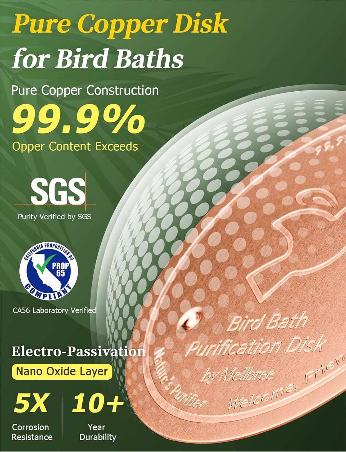 Mellbree Bird Bath Copper Disk - 99.99% Pure Copper Cleaning Disk for All-Season Use | Universal Fit