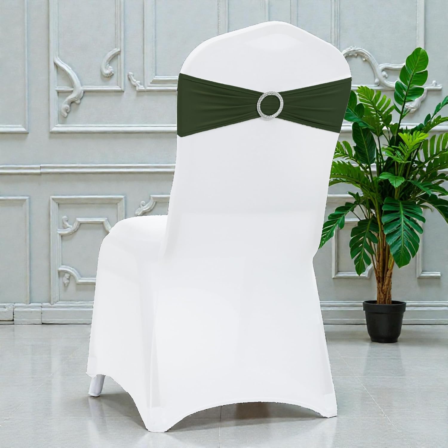 MDS Spandex Chair Sashes - Universal Fit Elastic Stretch Bands with Buckle for Events | Olive Green, Pack of 150