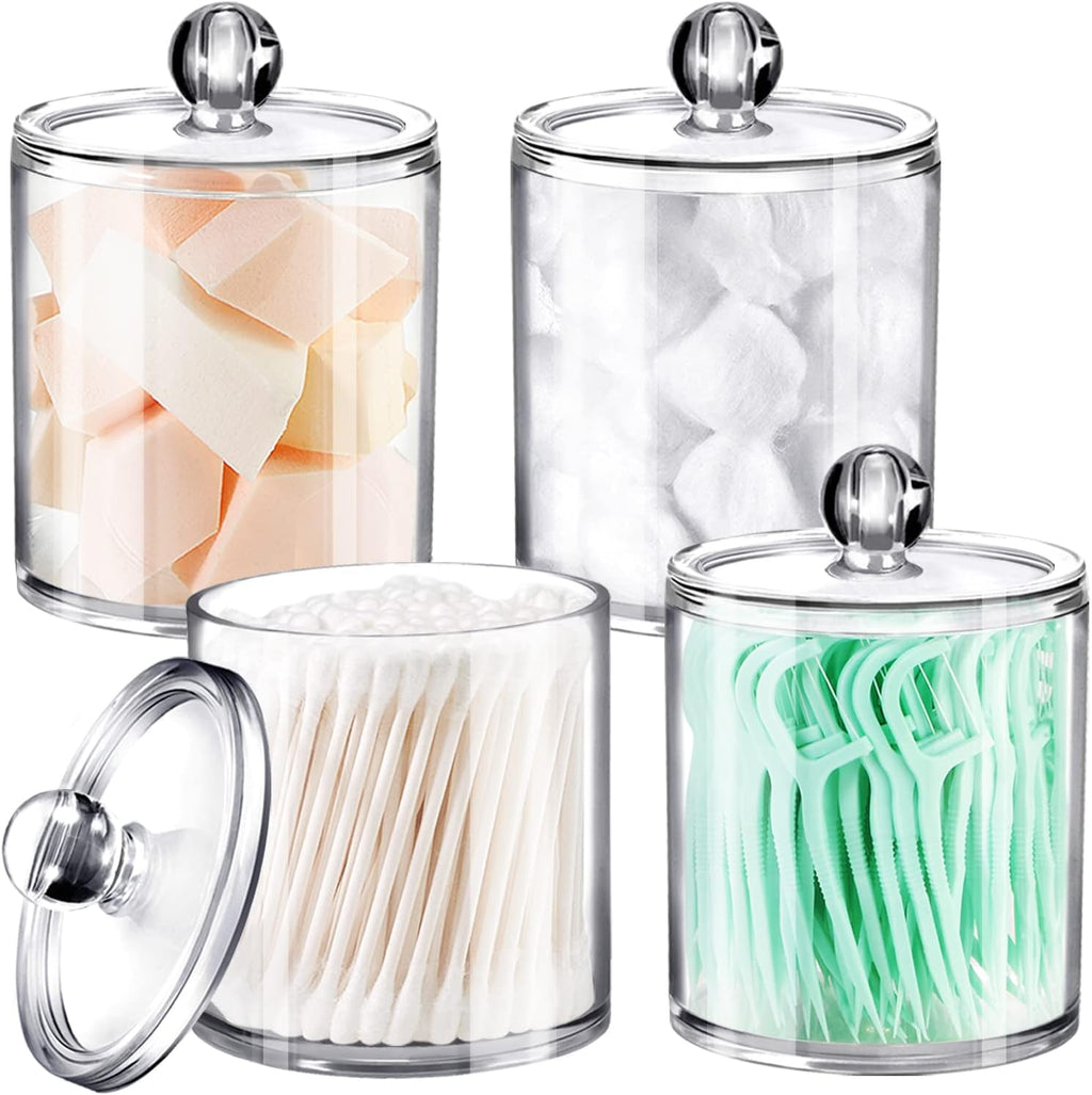 SheeChung Qtip Holder Set - Clear Acrylic Apothecary Jars | Shatterproof Bathroom Organizer (4-Pack)