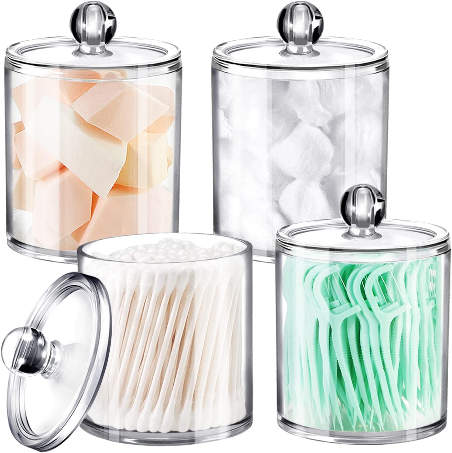 SheeChung Qtip Holder Set - Clear Acrylic Apothecary Jars | Shatterproof Bathroom Organizer (4-Pack)