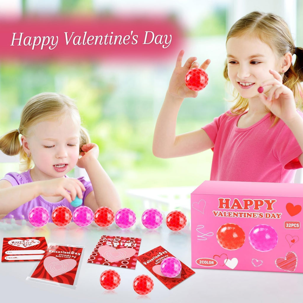 Valentines Day Gifts for Kids, 32 Pack Stress Balls with Valentines Day Cards, Stress Relief Squeeze Balls for Boys & Girls Valentines Party Favors Gift Exchange Rewards School Classroom Prizes