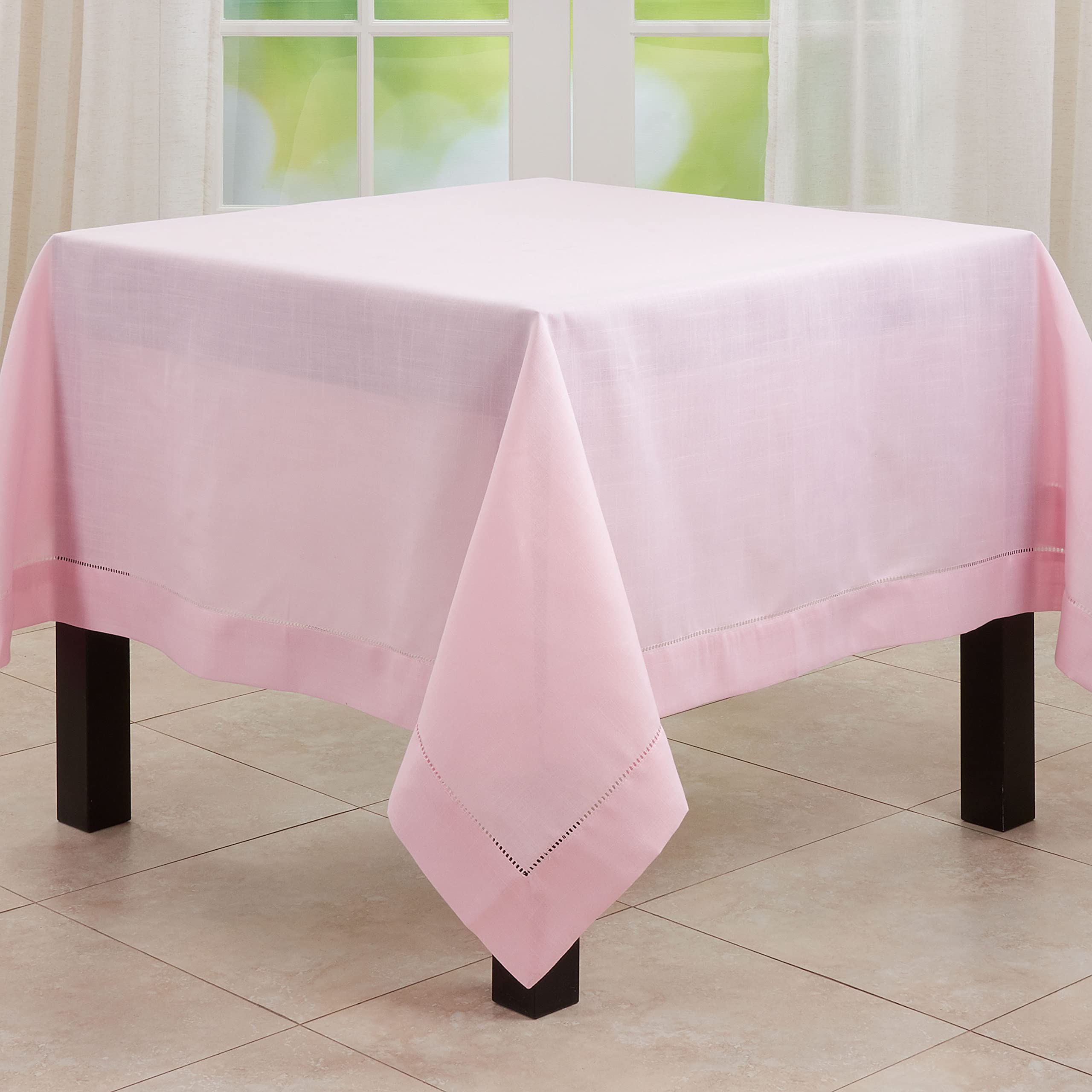 SARO LIFESTYLE Rochester Collection Hemstitched Border Tablecloth, 72", Pink