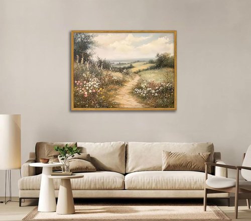 Framed Countryside Landscape Canvas Wall Art - Vintage Wildflower Meadow Print | 16x24 Inch Ready to Hang