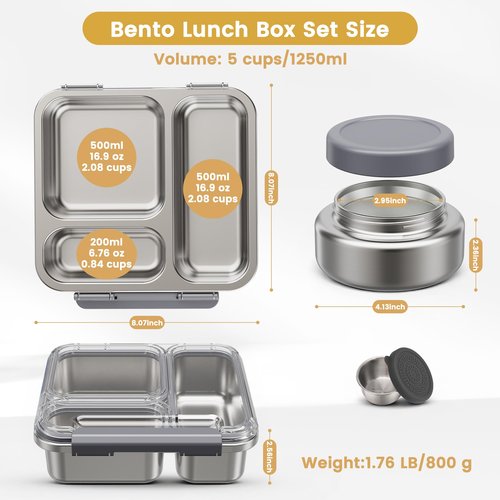 Stainless Steel Bento Box Kids Adult with 7oz Soup Thermo, Transparent Lid 3 Compartments Metal Bento Lunch Box with Insulated Food Jar,Lunch Box Container Sauce Cup for School,BPA-Free(Grey)