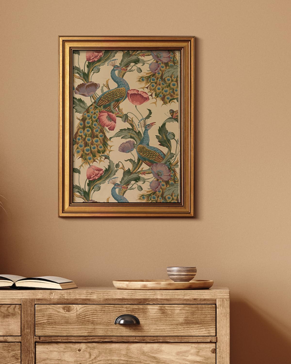 Vintage Golden Framed Canvas Wall Art - Peacock & Poppies Floral Print | 12x16 Inch Decor for Bedroom & Living Room