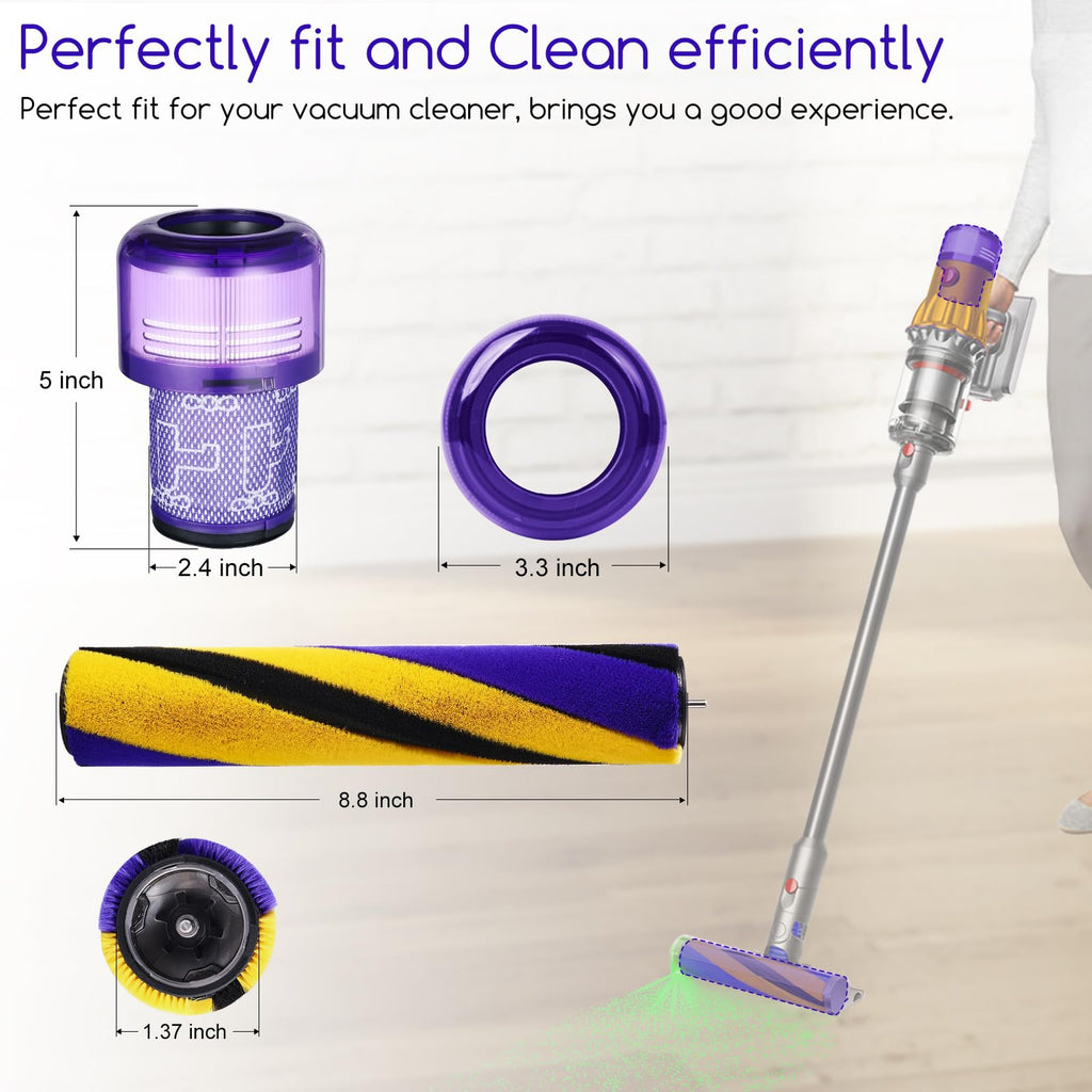 Soft Roller Brush Bar Compatible with Dyson V12 Detect Slim Handheld Vacuum Cleaner, Parts No.971634-01, with 2 Pack V12 HEPA Filters