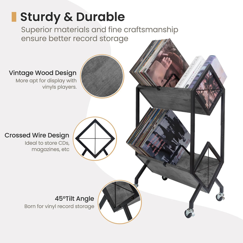 SwaaVee Vinyl Record Storage Holder with Wheels, 2-Tier Record Holder 160-200 LP with Dividers, Retro Style Quick Assembly Vinyl Record Display for Albums, Magazine, Book, Files(2 Tier- Gray)