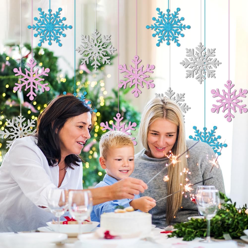 Skiennix Winter Snowflake Hanging Ornaments - Sparkly Ceiling Streamers for Holiday Decor | Glitter Pink, Blue, Silver