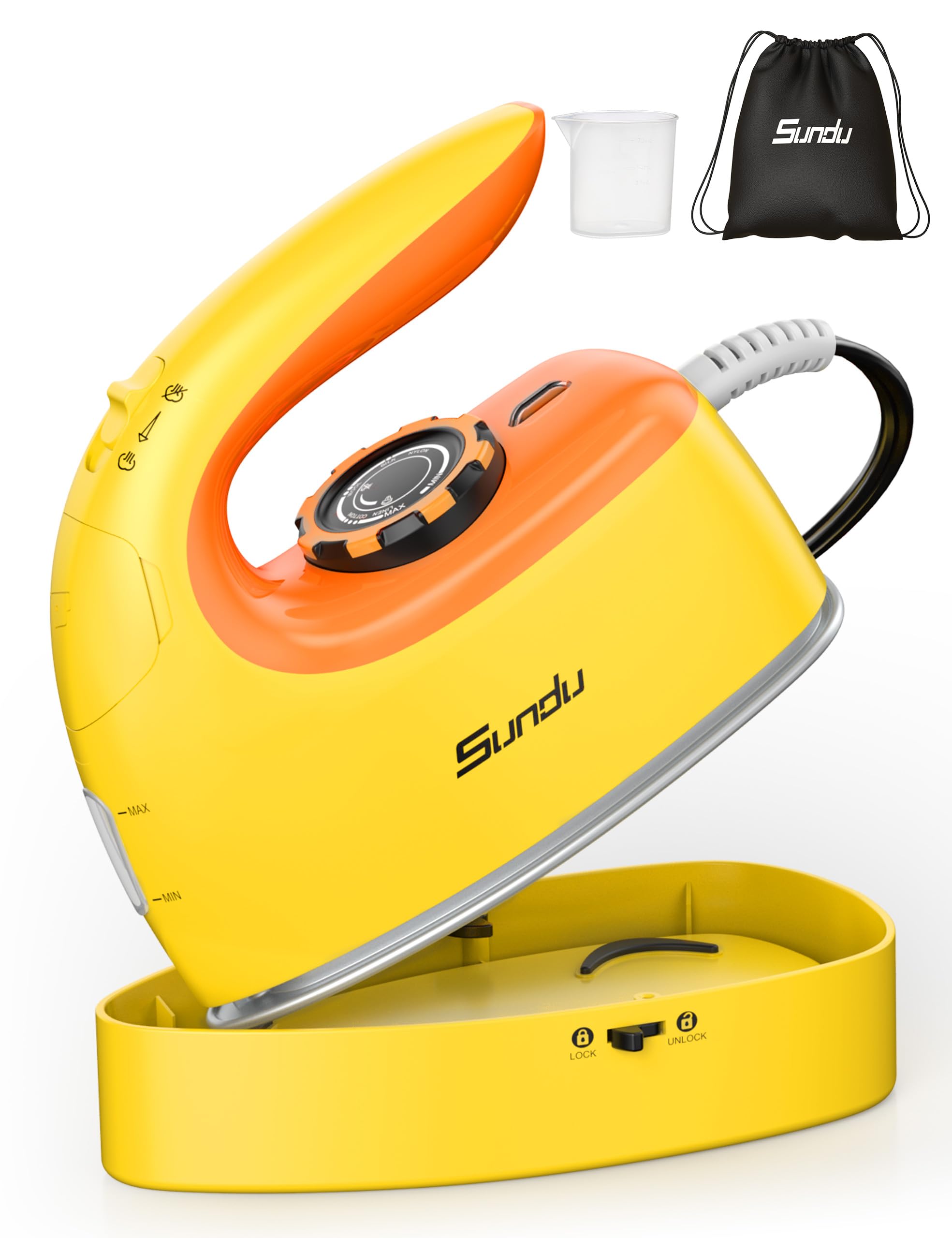 Sundu 1000W Mini Travel Steam Iron, Portable Small Iron for Quilting & Sewing, Non-Stick Soleplate, 300 Steam Holes, 90ml Tank, Safety Base & Digital Temperature Control-Yellow