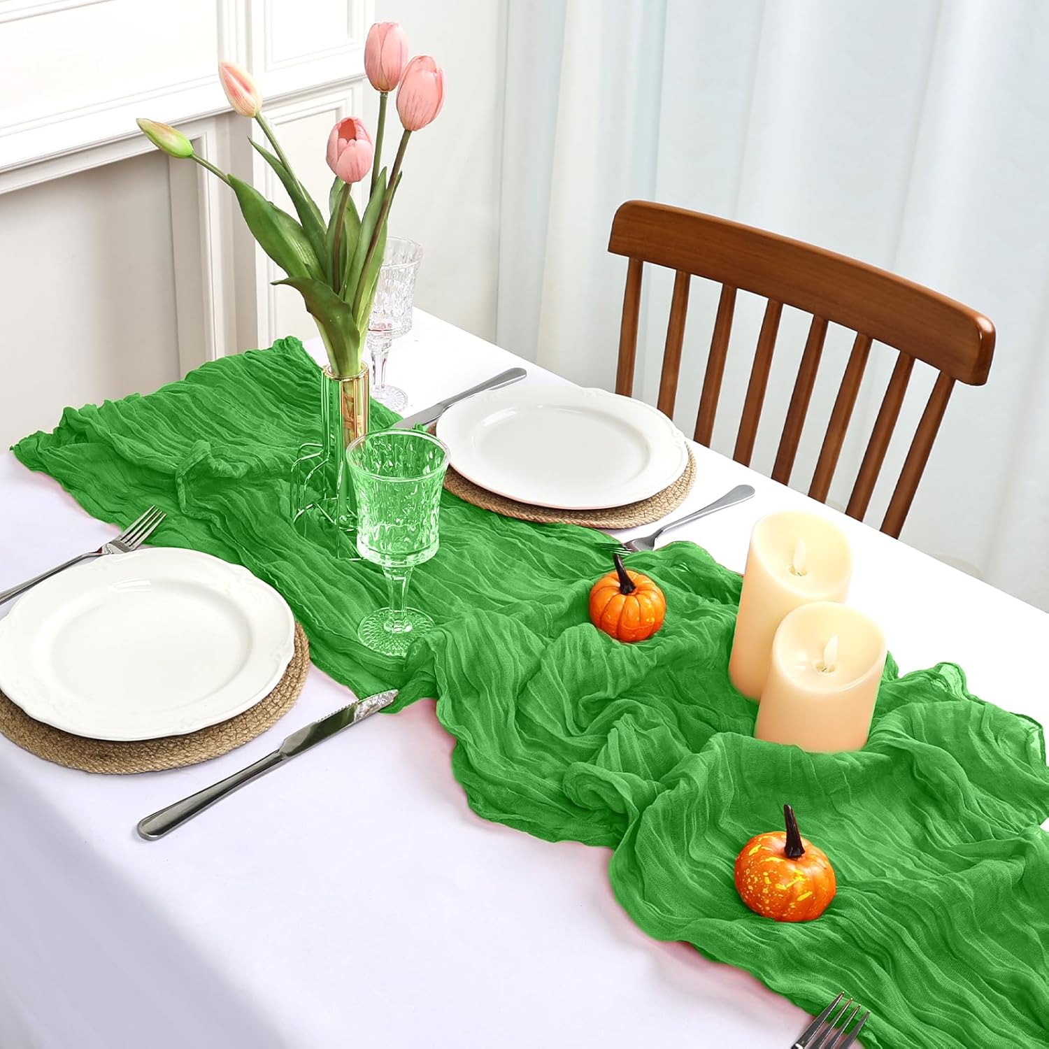 Skiennix Green Cheesecloth Table Runner - 10ft Rustic Sheer for Easter & Spring Celebrations | 120 Inch