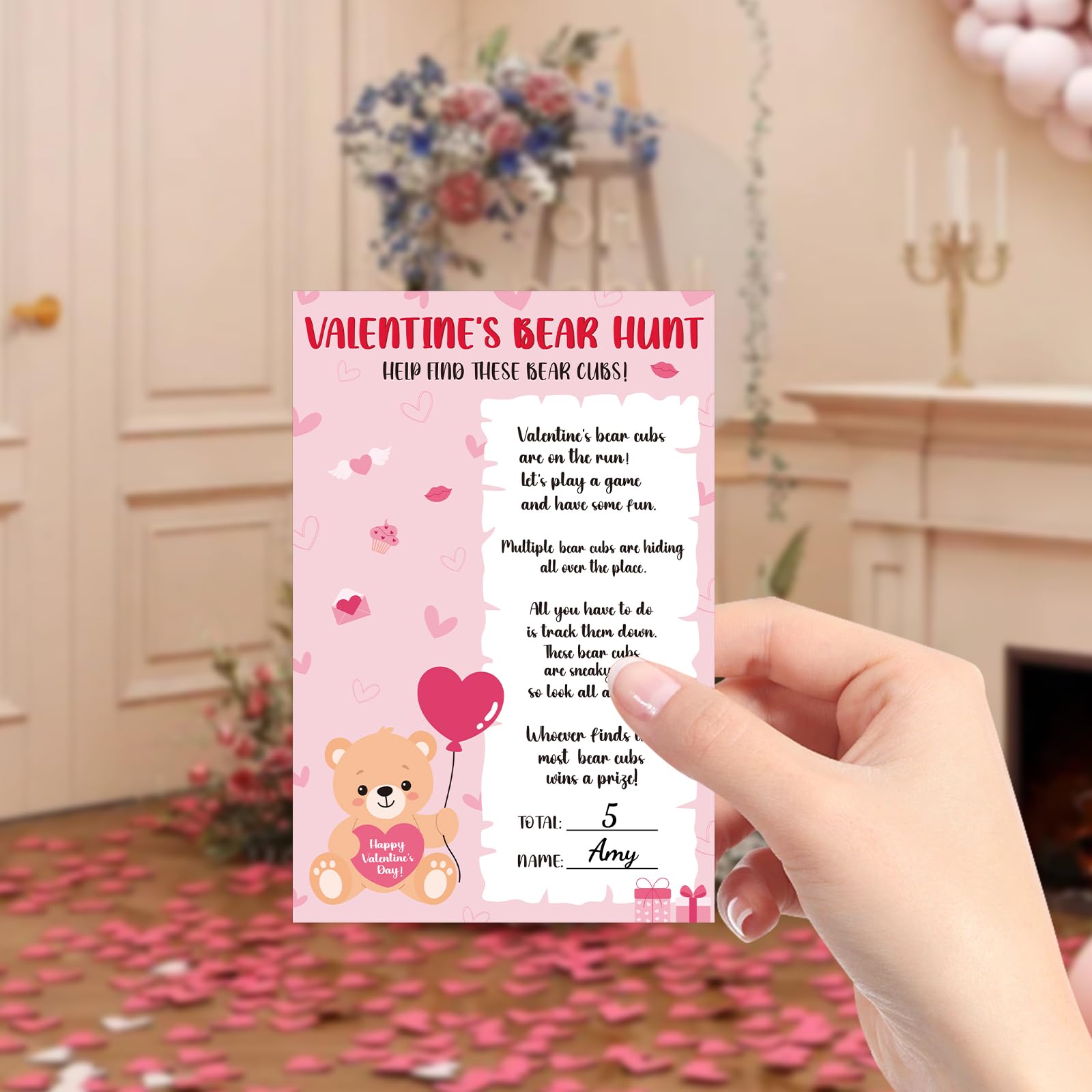COCHIE Valentine's Day Games for Classroom Party Family Adults Office Large Groups, Valentines Bear Bub Hunt Game School Activities with 50 Paper Bears - 25 Players (Bear Hunt)