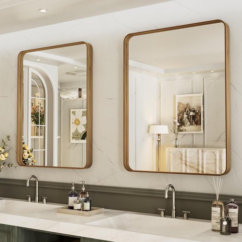 LOAAO Bathroom Mirror - 24x32 Inch Rounded Rectangle Design with Anti-Rust Wood Grain Frame | Versatile Hanging Options