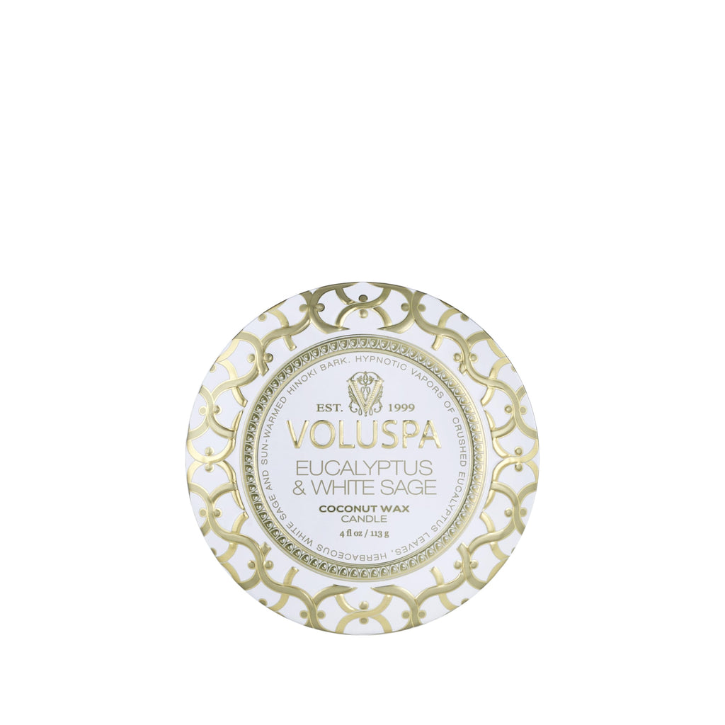Voluspa Eucalyptus & White Sage | Mini Tin Candle | 4 Oz | 25 Hour Burn Time | Coconut Wax for Clean Burning
