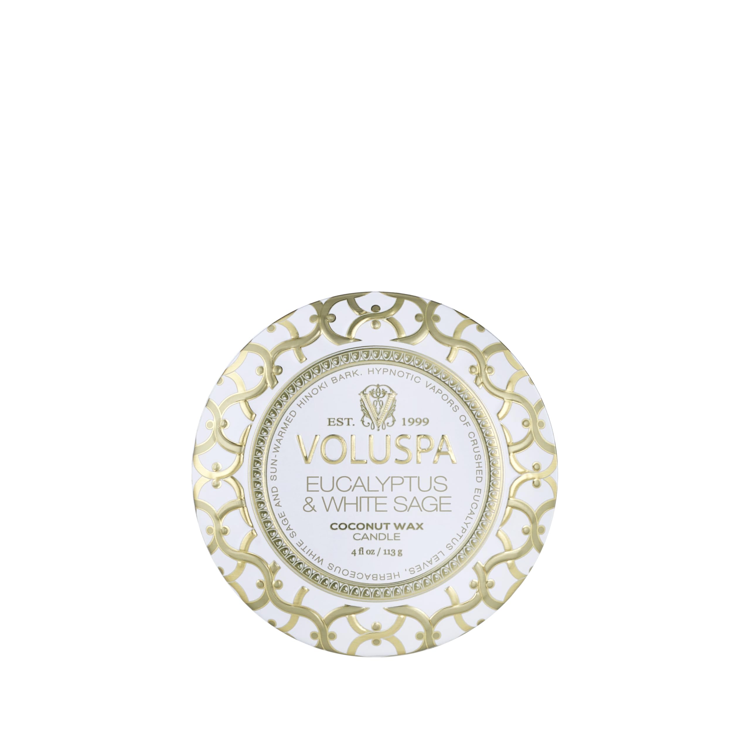 Voluspa Eucalyptus & White Sage | Mini Tin Candle | 4 Oz | 25 Hour Burn Time | Coconut Wax for Clean Burning