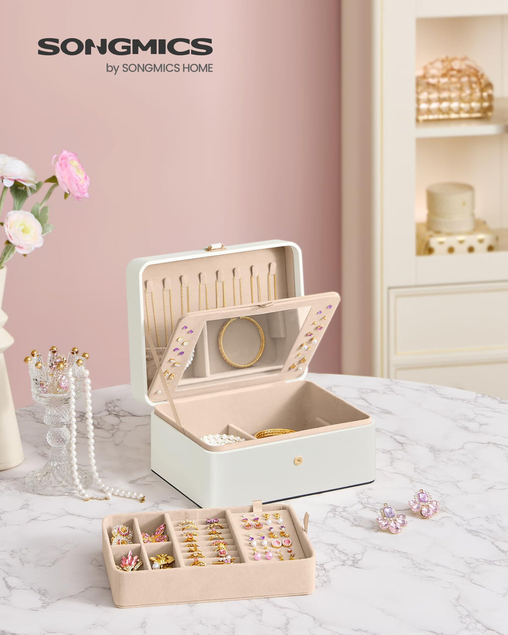 SONGMICS Jewelry Box Organizer with Mirror, 2-Layer Jewelry Holder Case, Removable Tray, 6.9 x 8.7 x 4.3 Inches, Earring Necklace Storage, Gift Idea, Cloud White UJBC200W01