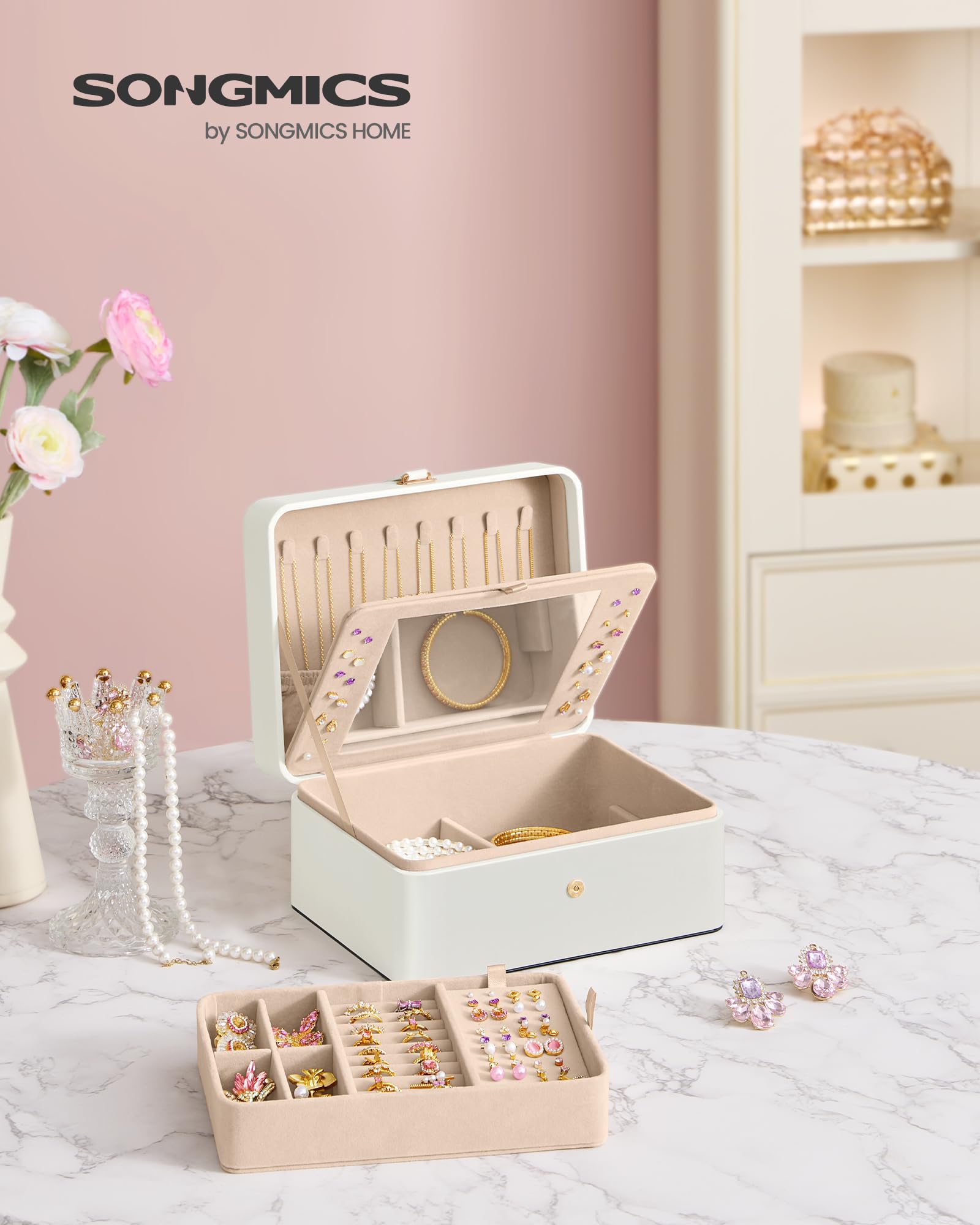 SONGMICS Jewelry Box Organizer with Mirror, 2-Layer Jewelry Holder Case, Removable Tray, 6.9 x 8.7 x 4.3 Inches, Earring Necklace Storage, Gift Idea, Cloud White UJBC200W01