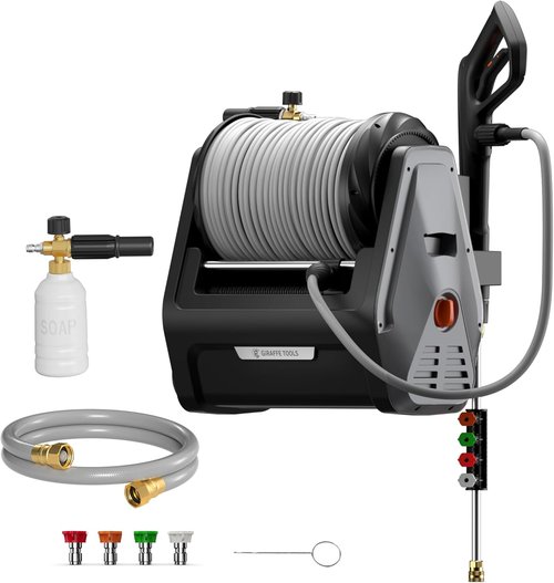 Giraffe Tools Grandfalls Electric Pressure Washer - 2900 PSI, 100ft Hose, Automatic Rewind, Dark Silver