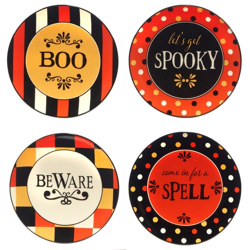 Spooky Halloween Canape Plates – Set of 4 Ceramic 6" Plates with Festive Sayings: BOO, Let’s Get Spooky, Beware & Come In for a Spell – Mini Plates for Halloween Snacks, Treats & Décor